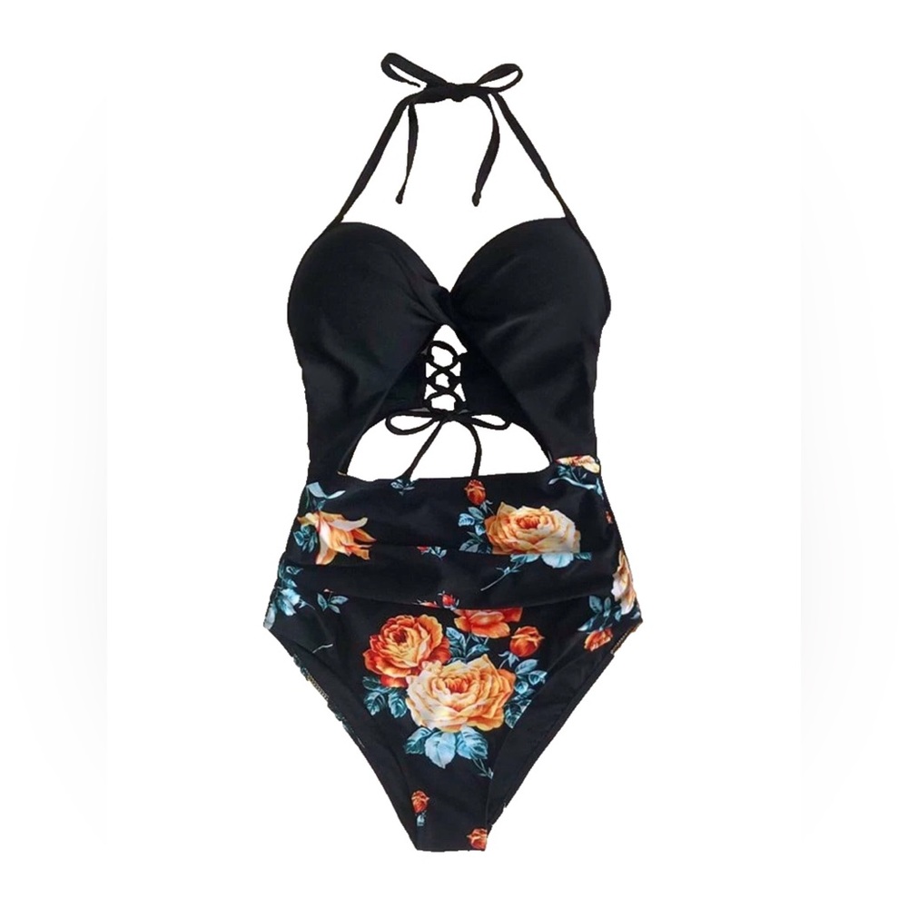Women's One Piece Swimsuit Black Floral Halter Tummy Control cheeky Chic sz M